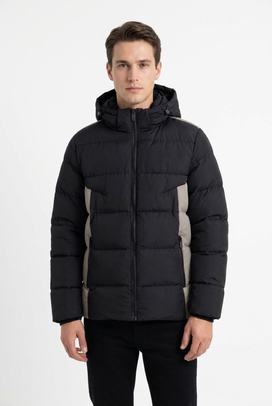 Black panelled puffer jacket, studio shot